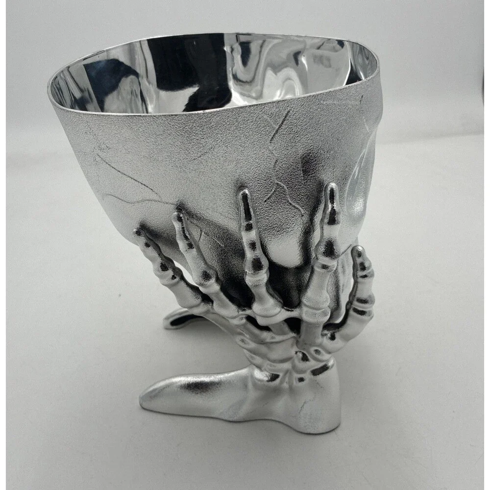 Halloween Skeleton Skull In Hands Candy Planter Bowl Silver Tone NWT 5” X 7”